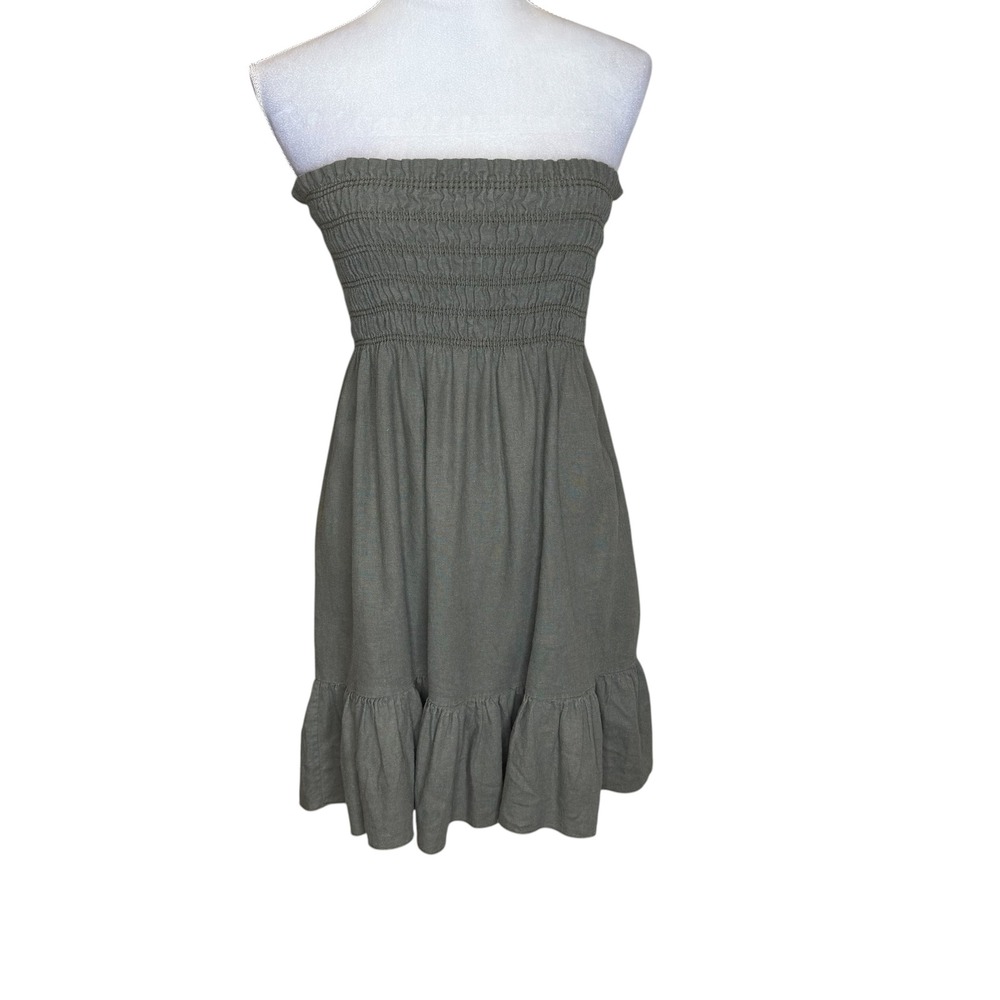 Papaya Womens Olive Green Smocked Strapless Linen Blend‎ Mini Dress Sz M Beach